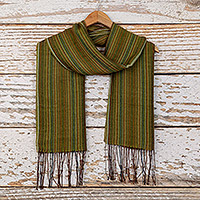 Baby alpaca blend scarf, 'Green Infinity' - Green Baby Alpaca Blend Hand-woven Striped Scarf from Peru