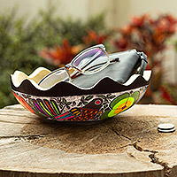 Dried gourd catchall, 'Sweet Spring Scent' - Hand-Painted and Carved Dried Gourd Catchall from Peru