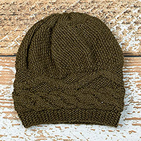 100% alpaca knit hat, 'Green Paths' - Cable Knit Green 100% Alpaca Hat from Peru