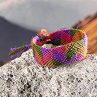 Macrame wristband bracelet, 'Cosmic Glow' - Peruvian Handwoven Wristband Bracelet with Geometric Details