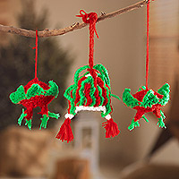 Crocheted ornaments, 'Kiwi Andes' (set of 3) - Crocheted Andean Hats in Kiwi (Set of 3)