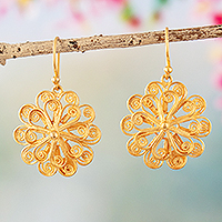 Gold plated sterling silver filigree dangle earrings, 'Solar Flower' - Handmade Floral 21k Gold Plate Filigree Earrings from Peru