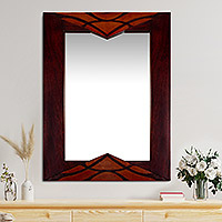 Wood and leather wall mirror, 'Introspective' - Artisan Made Vertical Wall Mirror with Andean Tornillo Wood