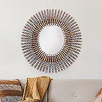 Wood wall mirror, 'Sacred Sun' - Wood Wall Mirror with Bronze Leaf Handcrafted in Peru