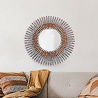 Wood wall mirror, 'Sacred Sunshines' - Wood Wall Mirror in Round Shape Handcrafted in Peru