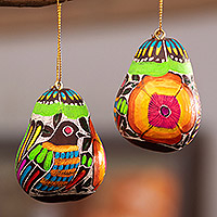 Gourd ornaments, 'Andean Wings' (pair) - Dried Gourd Ornaments with Bird and Floral Motifs (Pair)
