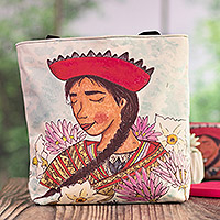 Printed tote bag, 'Lady Andes' - Tote Bag with Andean Lady Print and Floral Motifs