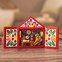 Wood and ceramic mini-retablo, 'Music Store' - Music Store Mini-Retablo Handmade in Peru