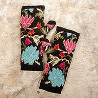 100% baby alpaca fingerless mittens, 'Ebony Baroque' - Knit 100% Baby Alpaca Fingerless Mittens with Floral Motifs