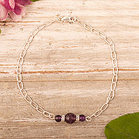 Amethyst pendant bracelet, 'Mystery Kisses' - Polished Sterling Silver Pendant Bracelet with Amethyst