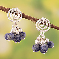 Sodalite cluster dangle earrings, 'Communication Spiral' - Blue Sodalite Cluster Dangle Earrings with Spirals