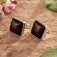 Mahogany obsidian stud earrings, 'Chocolate Bites' - Mahogany Obsidian & Sterling Silver Stud Earrings From Peru