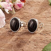 Onyx stud earrings, 'Night Dots' - Black Onyx and Sterling Silver Stud Earrings Made in Peru