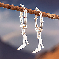 Sterling silver hoop earrings, 'Glamour Center' - Sterling Silver Hoop Earrings with Dangling Heels