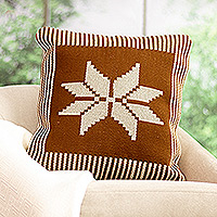 Cotton blend cushion cover, 'Abstract in Brown' - Hand-Woven Cotton Blend Floral Cushion Cover with Stripes