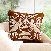 Cotton blend cushion cover, 'Birds in Brown' - Peruvian Hand-Woven Cotton Blend Bird Cushion Cover in Brown