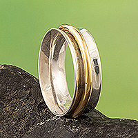 Gold-accented meditation ring, 'Heavenly Aura' - Sterling Silver Meditation Ring with 18k Gold-Plated Hoop