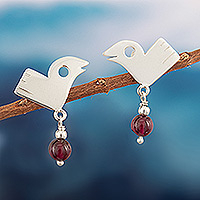 Garnet dangle earrings, 'Firebird' - Sterling Silver Bird Dangle Earrings with Garnet Stones