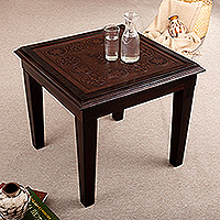 Wood and leather accent table, 'Rest in The Amazon' - Accent Table Handmade from Wood and Embossed Leather
