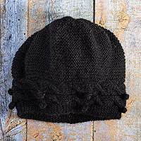 100% alpaca hat, 'Crossed Paths in Black' - Knit 100% Alpaca Hat in a Black Tone Handcrafted in Peru