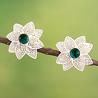 Chrysocolla filigree drop earrings, 'Beautiful Flowers' - 925 Silver Filigree Drop Earrings with Chrysocolla Gemstones