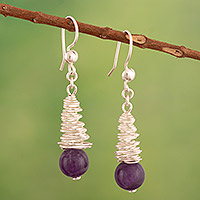 Amethyst dangle earrings, 'Mystic Berries' - Sterling Silver Dangle Earrings with Natural Amethyst Stones