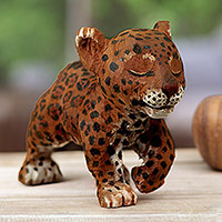 Wood sculpture, 'Feline Serenity' - Hand-Carved Cedar Wood Sculpture of Walking Jaguar