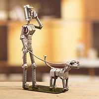 Recycled metal sculpture, 'Eco Walk' - Eco-Friendly Recycled Metal Sculpture of Man and Dog