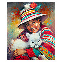 'Girl with Baby Alpaca' - Stretched Signed Oil Portrait Painting of Girl and Alpaca