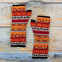 100% alpaca fingerless mitts, 'Andean Warmth' - Multicolored 100% Baby Alpaca Unisex Knit Fingerless Mitts