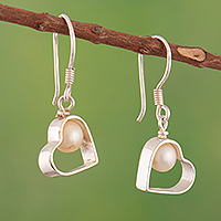 Cultured pearl dangle earrings, 'Innocent Romance' - Sterling Silver Heart Dangle Earrings with Cultured Pearls