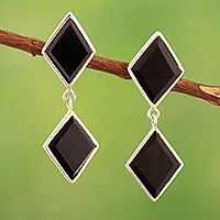 Onyx dangle earrings, 'Powerful Dame' - Diamond-Shaped Sterling Silver Dangle Earrings with Onyx