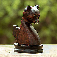 Wood phone holder, 'Cougar Protection' - Hand-Carved Polished Feline Cedar Wood Phone Holder