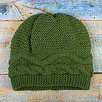 Alpaca blend knit hat, 'Emerald Moments' - Emerald Alpaca Blend Knit Hat with Cable Stitch Stripe