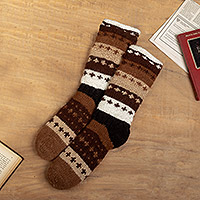 100% alpaca socks, 'Chocolate Colors' - Handwoven Inca-Inspired Alpaca Socks in Brown and White Hues