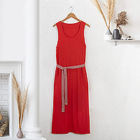 Soft midi dress, 'Andean Passion' - Red Acrylic and Cotton Midi Dress with Jacquard Belt