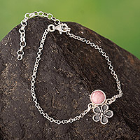 Rhodonite pendant bracelet, 'Floral Compassion' - Floral Sterling Silver Pendant Bracelet with Pink Rhodonite