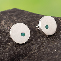 Chrysocolla button earrings, 'Intuition Points' - Sterling Silver Button Earrings with Round Chrysocolla Gems