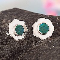 Chrysocolla button earrings, 'Intuition Bouquet' - Polished Floral Button Earrings with Natural Chrysocolla