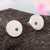 Amazonite button earrings, 'Success Points' - Sterling Silver Button Earrings with Round Amazonite Gems