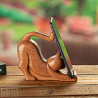 Wood phone holder, 'Convenient Elegance' - Cat-Themed Handcrafted Cedar Wood Phone Holder from Peru