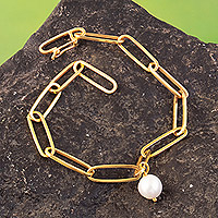 Cultured pearl charm bracelet, 'Prosperity Links' - Polished 18k Gold-Plated Charm Bracelet with White Pearl