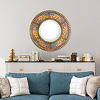 Reverse-painted glass wall mirror, 'Primaveral' - Round Floral Colorful Reverse-Painted Glass Wall Mirror