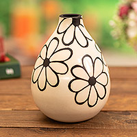 Ceramic decorative vase, 'Nocturnal Flowers' - Peru Chulucanas Ceramic Decorative Vase with Flower Motifs