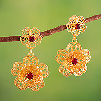 Gold-plated filigree dangle earrings, 'Red Flower' - Gold-Plated Filigree & Cubic Zirconia Floral Dangle Earrings