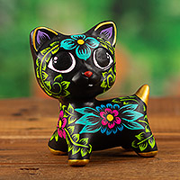 estatuilla de cerámica - Figura de gatito de cerámica negra floral y frondosa hecha a mano