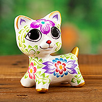 Ceramic figurine, 'Daylight Kitten' - Handcrafted Floral and Leafy White Ceramic Kitten Figurine