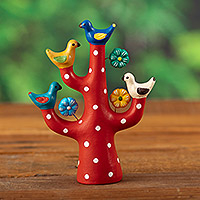 Ceramic sculpture, 'The Vibrant Tree Choir' - Red Ceramic Tree Sculpture with Bird and Floral Motifs