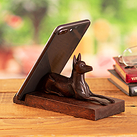 Wood phone holder, 'Legendary Companion' - Hand-Carved Polished Cedar Wood Peruvian Dog Phone Holder
