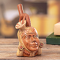 Decorative ceramic vessel, 'Mochica Head with Flowers' - Ancient Peruvian Mochica Style Decorative Ceramic Vessel